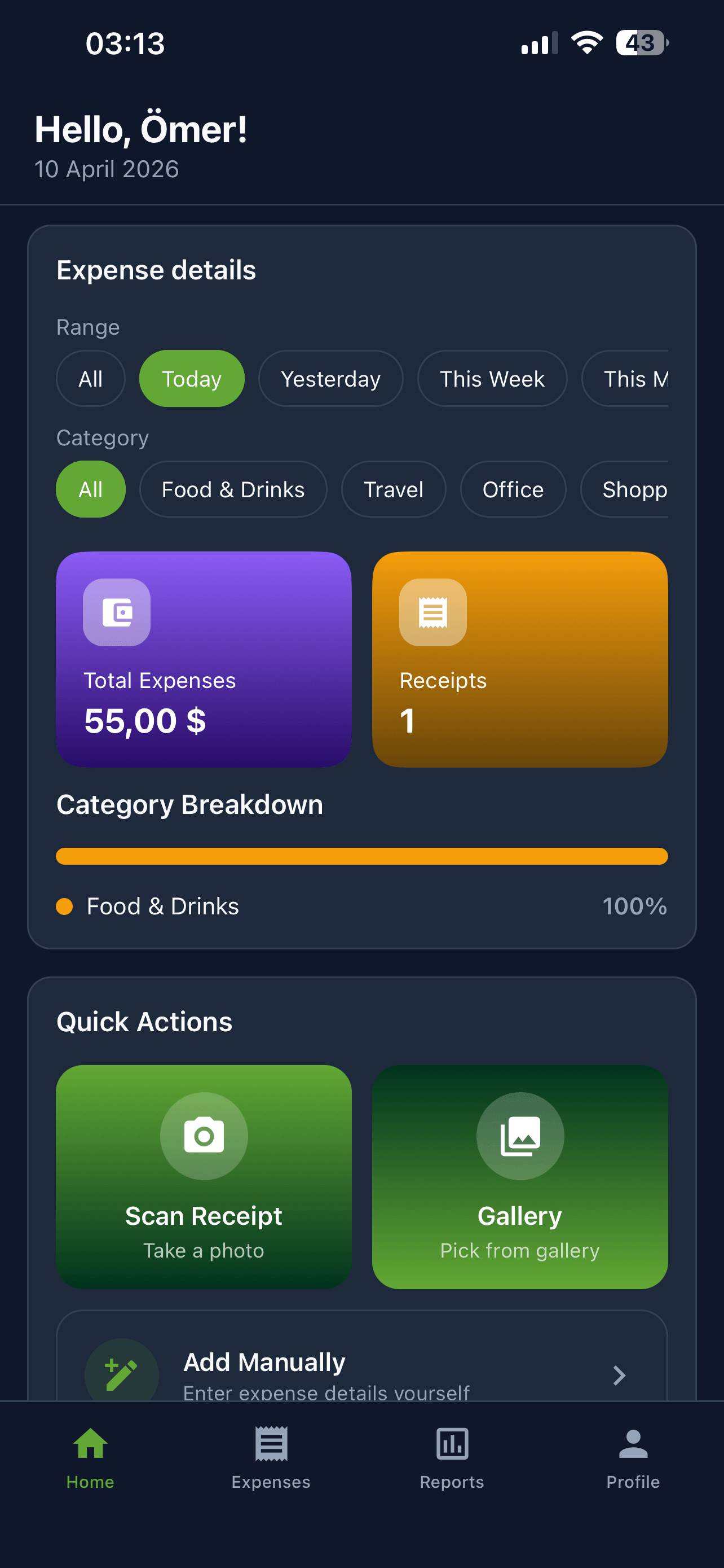 Expenseen expense details, filters, and quick actions
