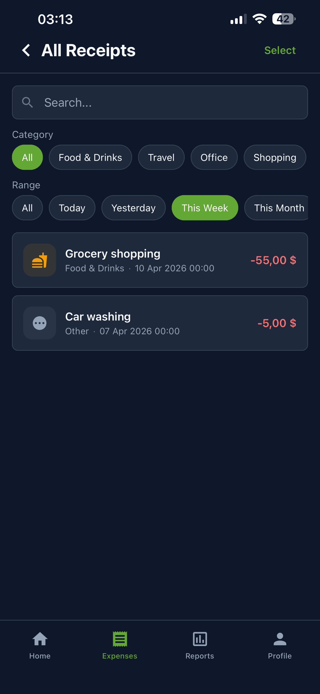 Expenseen receipts list with search and categories