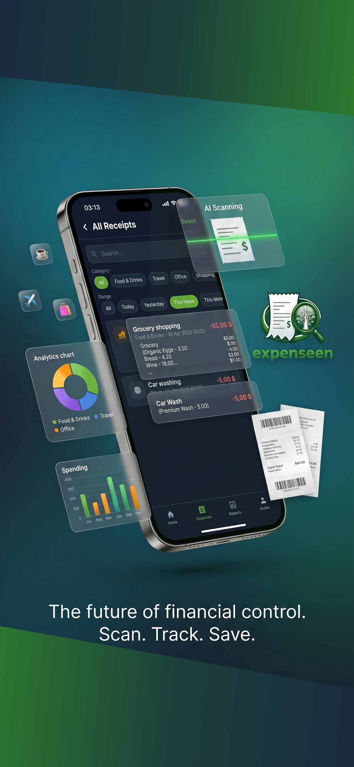 Expenseen receipts list with search and categories